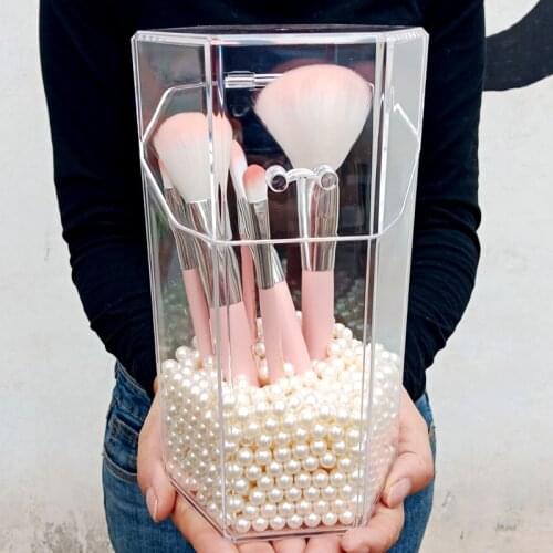 Makeup Brush Holder Transparent Acrylic Organizer with Dustproof Cover, Cosmetic Brush Storage Box and Pearls separated Sale Box