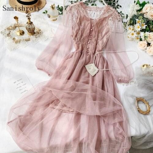 Two Pieces Puff Sleeve Mesh Dress 2021 Spring Summer Women V Neck Button Large Hem Lace Dresses Ladies Fairy Long Party Vestidos