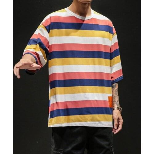 Summer Short Sleeve Casual Oversize T-Shirt Harajuku Comfortable Versatile Cotton Clothes Simple Hip-Hop Striped Streetwear