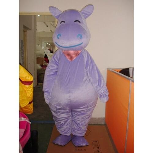 Fancy Purple Hippo Mascot Costume Mascotte Hippopotamus River Horse With Big Blue Mouth Happy Face adult size chanukah carvinal