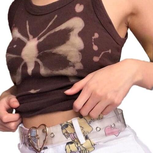 Butterfly Print Sexy Brown Tank Tops Summer Women Vintage Harajuku Crop Tops Aesthetic Gothic Sleeveless Streetwear Tops