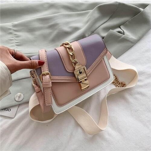 Fashion Chain Panelled Color Shoulder Bag for Women 2021 New Lady Sling Bag Wide Strap PU Leather Crossbody Bag Sac Epaule