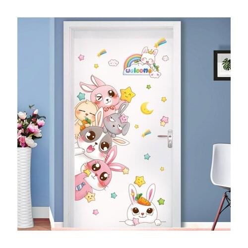 Cartoon Lovely Rabbit Star Wall Sticker Girl Bedroom Decoration Door Mural DIY Kids Room Decoration Wall Papers Home Decor