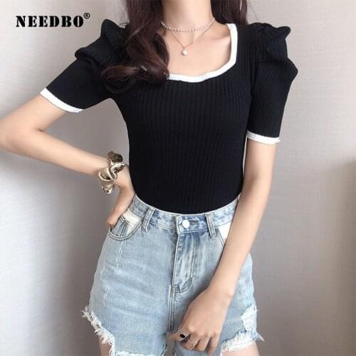 NEEDBO Summersexy Retro Low Round Neck Knitted Crop Tops Women Puff Sleeve Harajuku Matching Short-sleeved Lady Slim Short Top