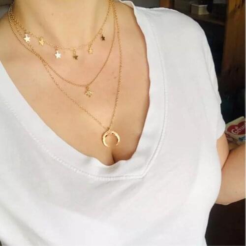 New stainless steel Multilayer zircon Pendant Necklace Women Gold Beads chain Moon Hexameron Star Horn Crescent Choker Jewelry