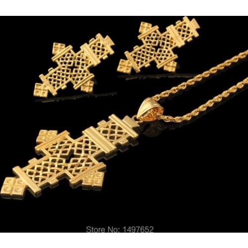 New Arrival Ethiopian Cross pendant necklace earrings . Gold Color Cross African Bridal Wedding Jewelry sets Free Shipping