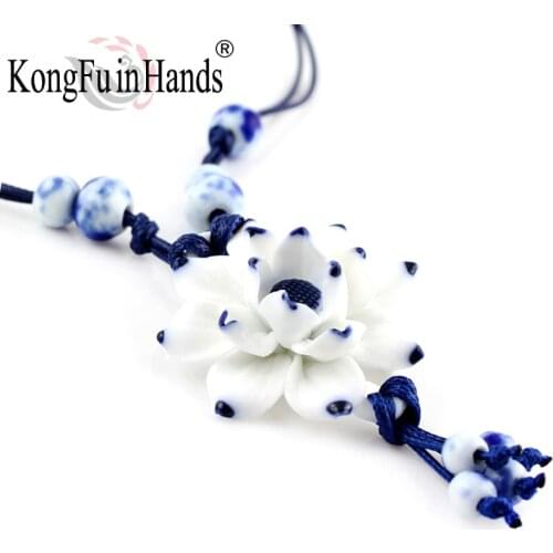 Handmake Vintage Lotus Flower Pendant Necklace Sweater Chain Blue and White Ceramic Accessory Chinese Style Souvenir Handicraft