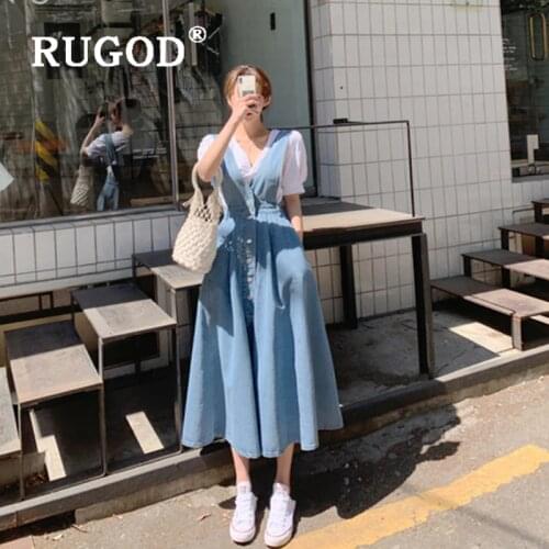 RUGOD Korean Chic Single-breasred Denim Dress Fashion Sleeveless A line High Waist Midi Jeans Dresses Vestidos Elegant Dress