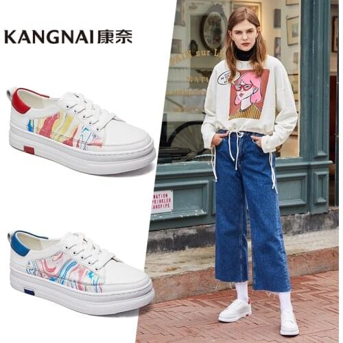KANGNAI Womens Casual Shoes Graffiti Lace Up Comfortable Flat Ladies Shoes Genuine Leather Women Shoes