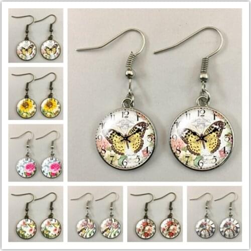Vintage cute butterfly flower digital clock pendant ladies earrings glass dome clock pendant earrings jewelry ladies gifts