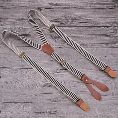 Vintage Brown Striped Bronze 4 Buttons Suspenders Genuine Leather Link Premium Buckle Flexible Men And Women Braces