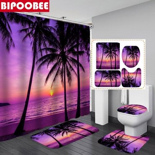 Dusk Beach Plants Shower Curtains Purple Polyester Bathroom Curtain Sets Pedestal Rug Lid Toilet Cover Non-Slip Bath Mat Carpet