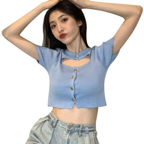 Women Summer Tshirt Hollow Chest Design Niche Round Neck Short Sleeve Solid Color Tee Shirt