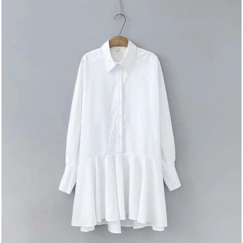 Women fashion solid black white color casual Trumpet Dress lady irregular hem ruffles vestidos chic business shirtdresses DS3531