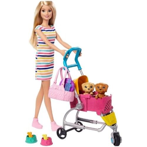 Barbie ve Köpekleri Geziyor Oyun Seti - Barbie Bebek 2 Yavru Köpeği ve Pusetiyle Hayvan sever Barbie (sürpriz hediyesiyle)