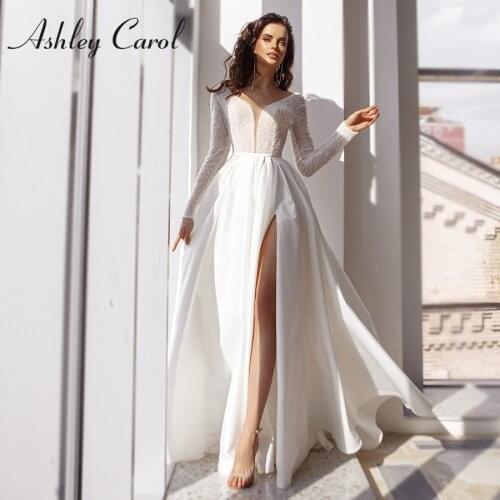Ashley Carol A-Line Wedding Dress 2021 Shiny Beaded Long Sleeve Elegant V-neck Backless Bride Dresses Beach Bohemian Bridal Gown