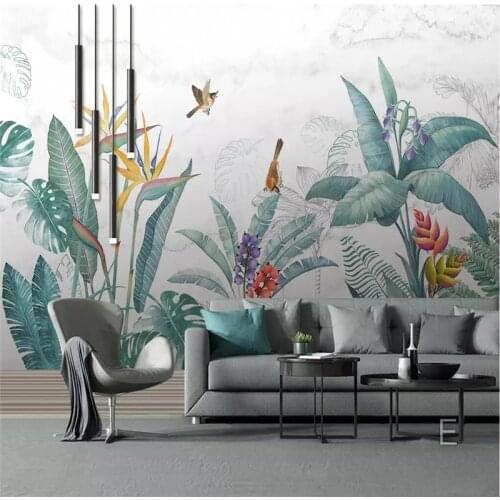 Beibehang Custom photo wallpaper mural Nordic hand-painted small fresh tropical plants flowers and birds background murals