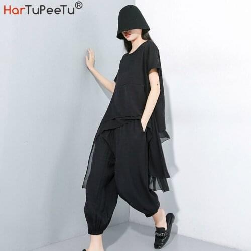 Harem Pants Casual Suit Women Two Pieces Black Sets Irregular Summer Top and Elastic High Waist Pockets Calf-length Trouser Set