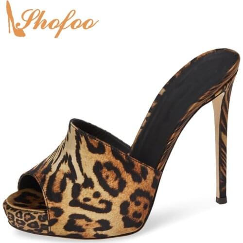 Brown Leopard Print Stilettos Platform Sandals Woman High Thin Heels Slides Large Size 11 16 Ladies Dress Shoes Mature Fashion