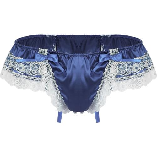 Mens Sissy Shiny Soft Satin Lingerie Bikini Underwear Low Rise Double Layers Floral Lace Back with Big Bowknot Thong Underpants