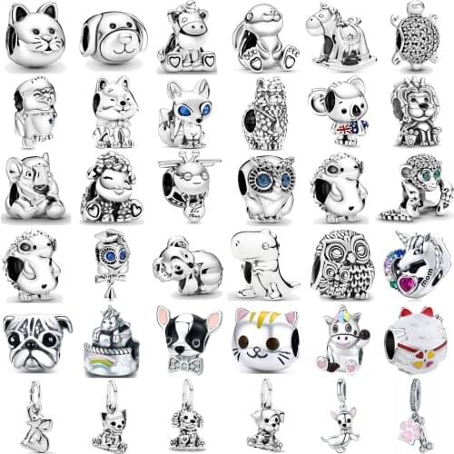 New 925 Silver Cute Animal Owl Elephant Tortoise Cat Dog Charm Beads fit Original Pandora Bracelet Jewelry for Women DIY Making
