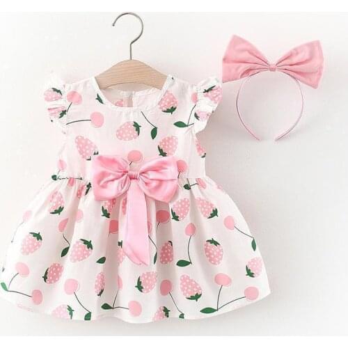 Baby Girls Dress Summer Sleeveless Clothes Cotton Clothing Lovely Strawberry Picture With Bow Hair Band 2021 New Korean Design