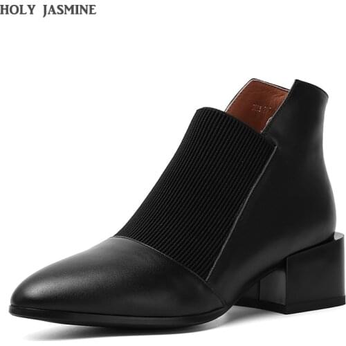 Popular Chelsea Boots Solid Classic Oxford Pointed Toe Slip on Soft Genuine Leather Spring Shoes Brand Concise Black Ankle Boots