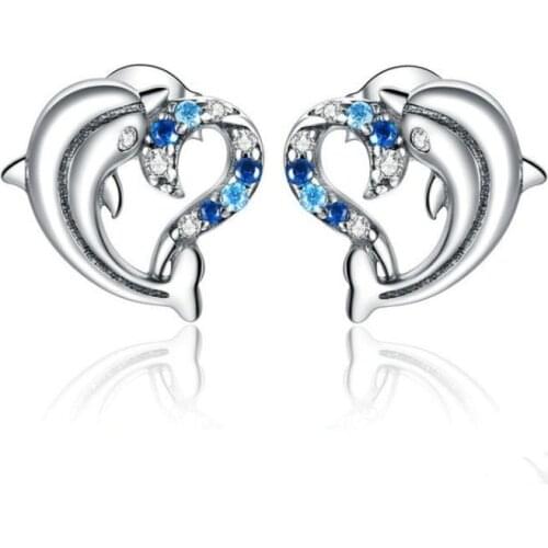 Fairy Style Dolphin Ear Studs Earrings with Blue Zircon Heart Shaped Earrings