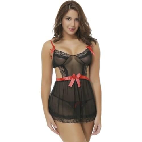 Gauze Lace Suspender Skirt Sexy Lingerie Set Transparent Erotic Thong Underwear Women Nightgown Tulle Dress Halter Backless Top