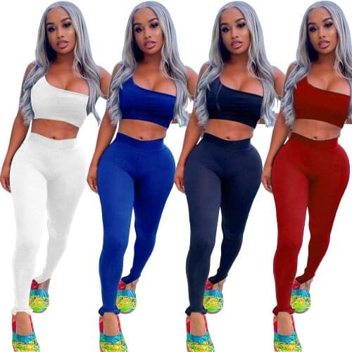 Adogirl Solid Color Active wear Tracksuit Woman One Shoulder Tank Tops +Joggers Legging Pants Two Piece Set Casual Outfits