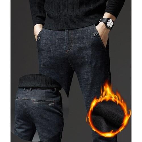 Warm Winter Men Pants Jeans Denim Black Thick Fleece Straight Regular Fit Men Trousers Casual Korea Style 2021 Clothing
