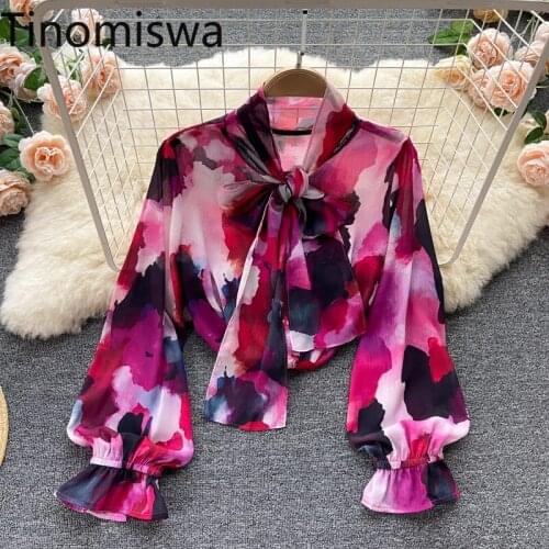 Tinomiswa Bow Knot Collar Lace Up Elegant Blouse Women Tie Dye Printed Long Sleeve Office Ladies Shirts New Arrival Vintage Tops