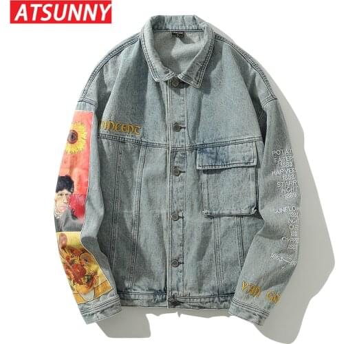 ATSUNNY Hip Hop Streetwear Jacket Van Gogh Painting Embroidery Knitted Jacket Retro Vintage Autumn Denim Jacket