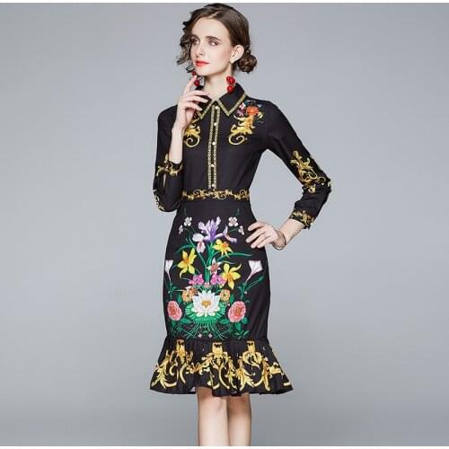Runway Autumn Flower Shirt Dress Female Elegant Black Mermaid Fishtail Dress Women Single Breasted Long Sleeve Party Dresses