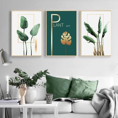 Green Plant Golden Leaf Wall Art Canvas Painting Nordic Posters and Prints Wall Pictures for Living Room Scandinavian Home Decor