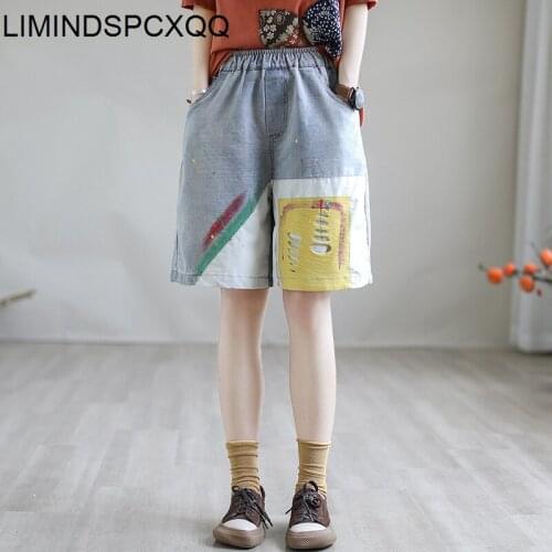 2021 Summer New Fashion Women Denim Holes Loose Shorts Ladies Contrast Color Straight Jeans Female Oversized Trousers Short Thin
