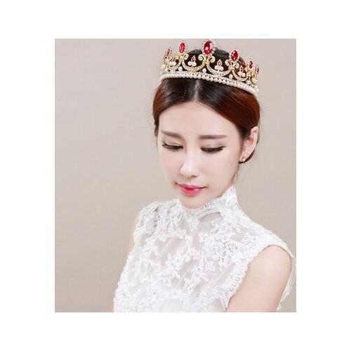Elegant High-quality Europe Style Red Opal Women Fashionable Crystal Pearls Crown Headwear Luxurious Wedding Bridal Wedding Acce