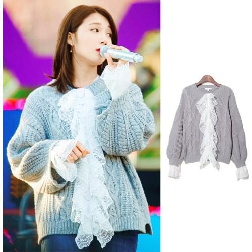 Fall 2020 New Ladies Neckline Lace Edge Sweater Loose Casual Thick Coat Color Matching Stitching Knitted Pullover Jacket Women