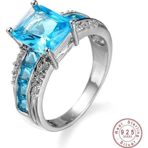 2019 New Fashion Crystal Wedding Ring with Big Ocean Blue Zircon Cut Surrounded by AAA Austrian CZ for Women Jewelry rings Gifts