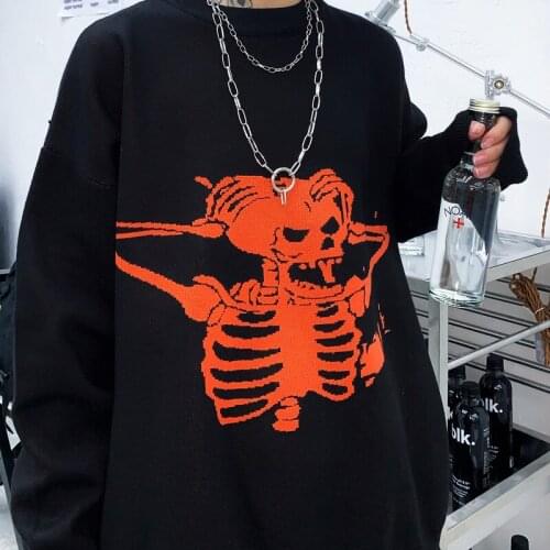 Winter Sweater Women Cartoon Skull Pattern Sweater Vintage Knitted Sweater Thick Loose Round Neck Long Sleeve Sweater Man Sweate