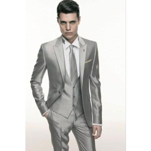 2020 Skinny Silver Grey Satin wedding Men Suit Formal Stylish Male Blazer Party Custom Tuxedo 3 Piece Vestidos mens suits