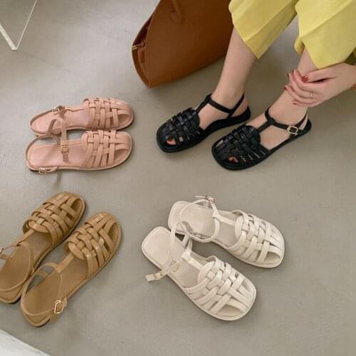 2021 New Summer Women Sandal Shoes Flat Heel Hollow Out Rome Shoes Ladies Casual Outdoor Beach Mules Shoes Close Toe Sandals