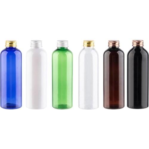 30pcs 200ml Gold Silver Bronze Aluminum Screw Cap Cosmetic Bottles Round Black Plastic Bottle For Toner Lotion Cream Shampoo
