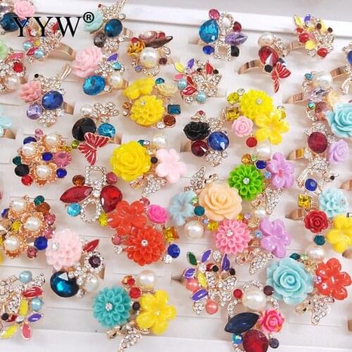50pcs/box Resin Lucite Flower Finger Ring With Rhinestone Cute Rings For Women Girl Fashion Gift With Party Jewelry Us 6-15 Size