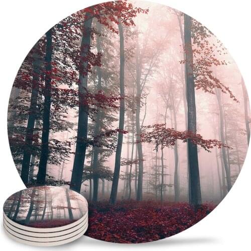 Autumn Woods Mysterious Fog Round Coaster Coffee Table Mats Kitchen Accessories Absorbent Ceramic Coasters