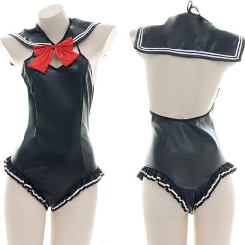 JK School Girl Cosplay Swimwear Sukumizu Lolita Bow-knot Sailor Bodysuit Sexy Women Backless Latex Leather Jumpsuit