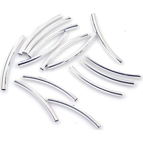 100Pcs Spacer Beads Tube Smooth Copper Curve Silver Plated Charms Jewelry DIY Finding 2.5x30mm