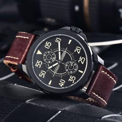 Parnis 44mm Automatic Watch Men Mechanical Wrist Watch Luminous Waterproof Power Reserve Auto Date Leather Strap Mens Watch