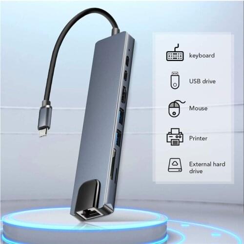 8-in-1 Type-C Hub to 4K HDMI-Compatible Docking Station RJ45 USB 3.0 SD/TF Card Reader PD Fast Charge For MacBook Air Pro PC Hub