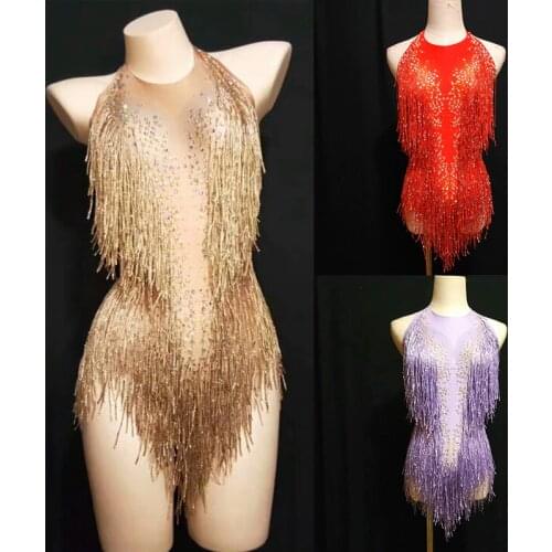 Sparkly Bodysuit Fringe Pole Dance Clothing Rhinestone Jumpsuit Sexy Drag Queen Costumes Gogo Dancer Outfit Western Wear DL1012